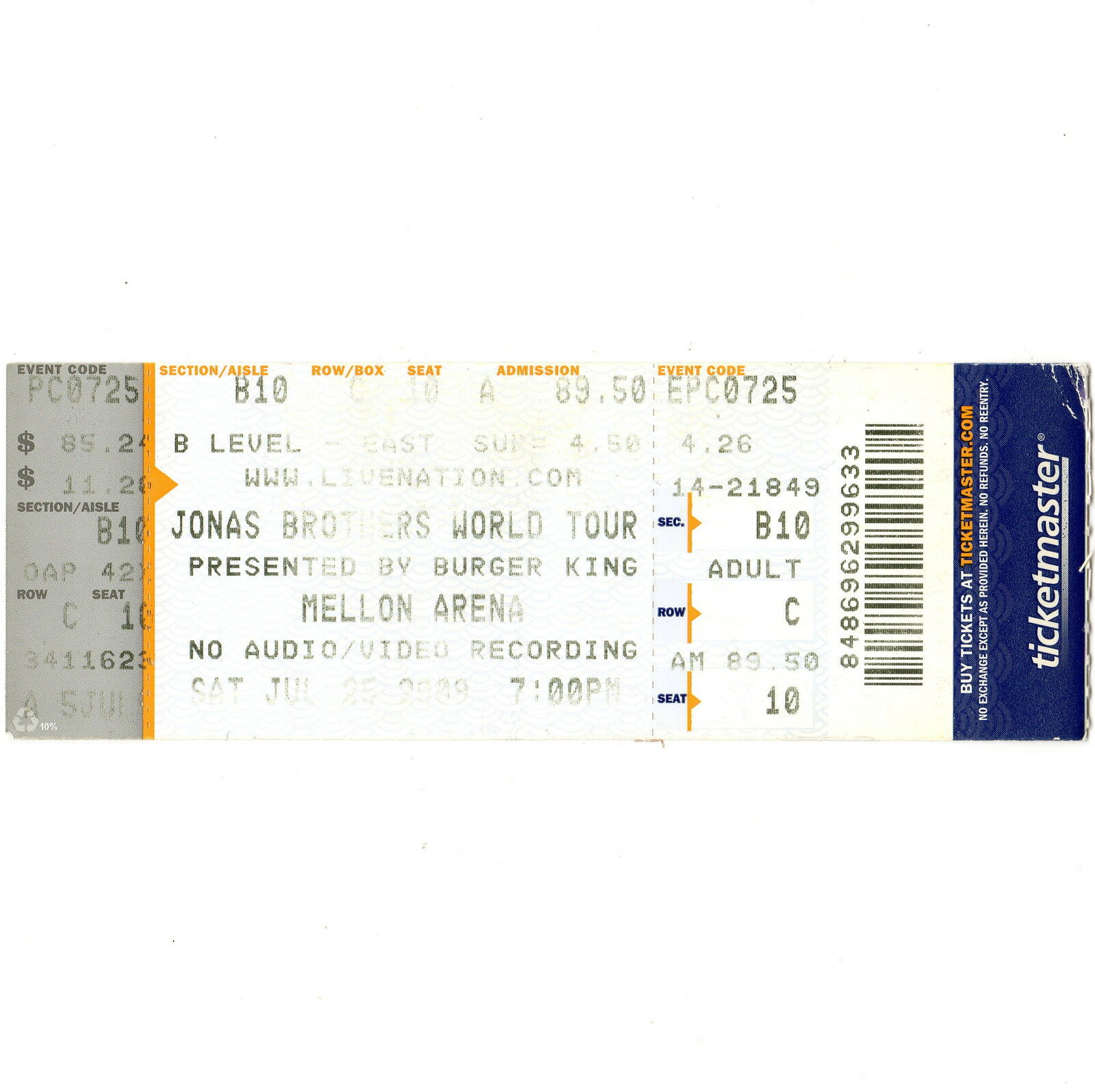 Jonas Brothers Full Concert Ticket Stub Pittsburgh Pa 7/25/09 Mellon Arena Rare