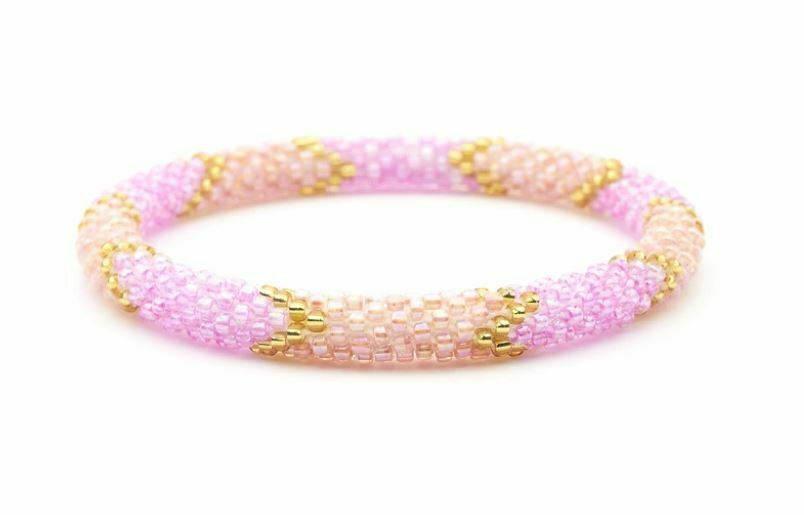 Sashka Co Reg 6-8" Peach Dream Glass Beaded Bracelet Pink Coral Gold White Nepal