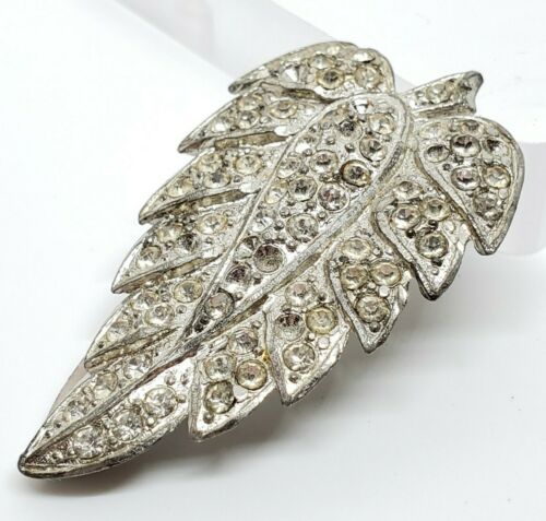 Antique Art Deco Silver Rhodium Pave Glass Rhinestone Woodland Leaf Dress Clip