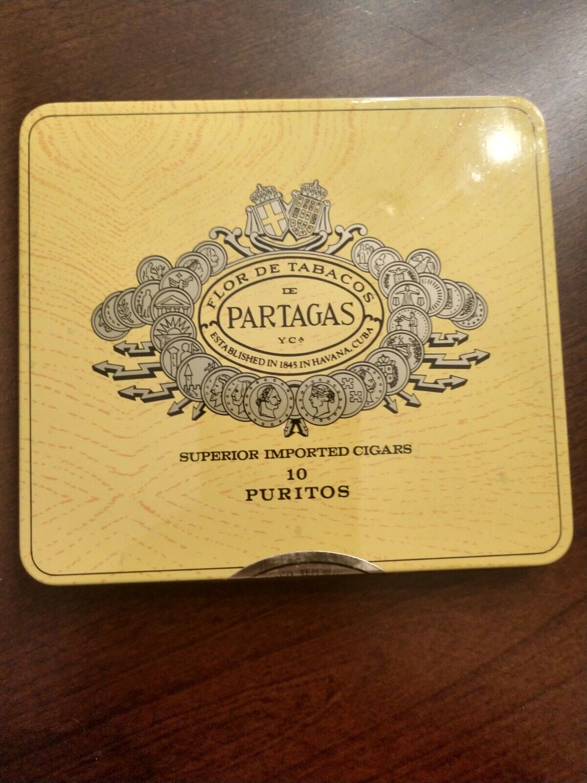 Vintage Partagas 10 Puritos Imported Mini Cigars Tobacco Tin