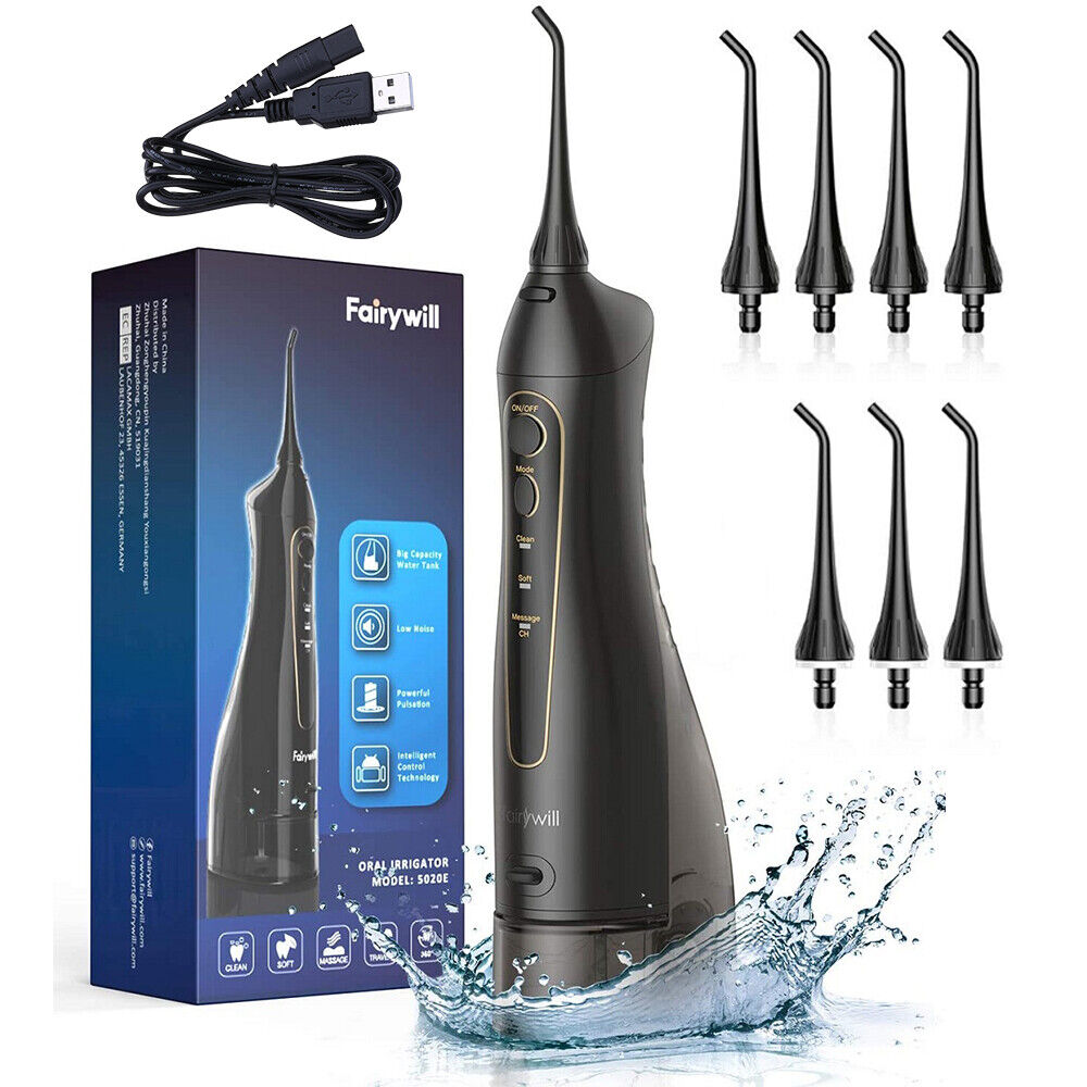 Fairywill 300ml Cordless Water Flossers Rechargeable Oral Irrigator 8 Jet Tips