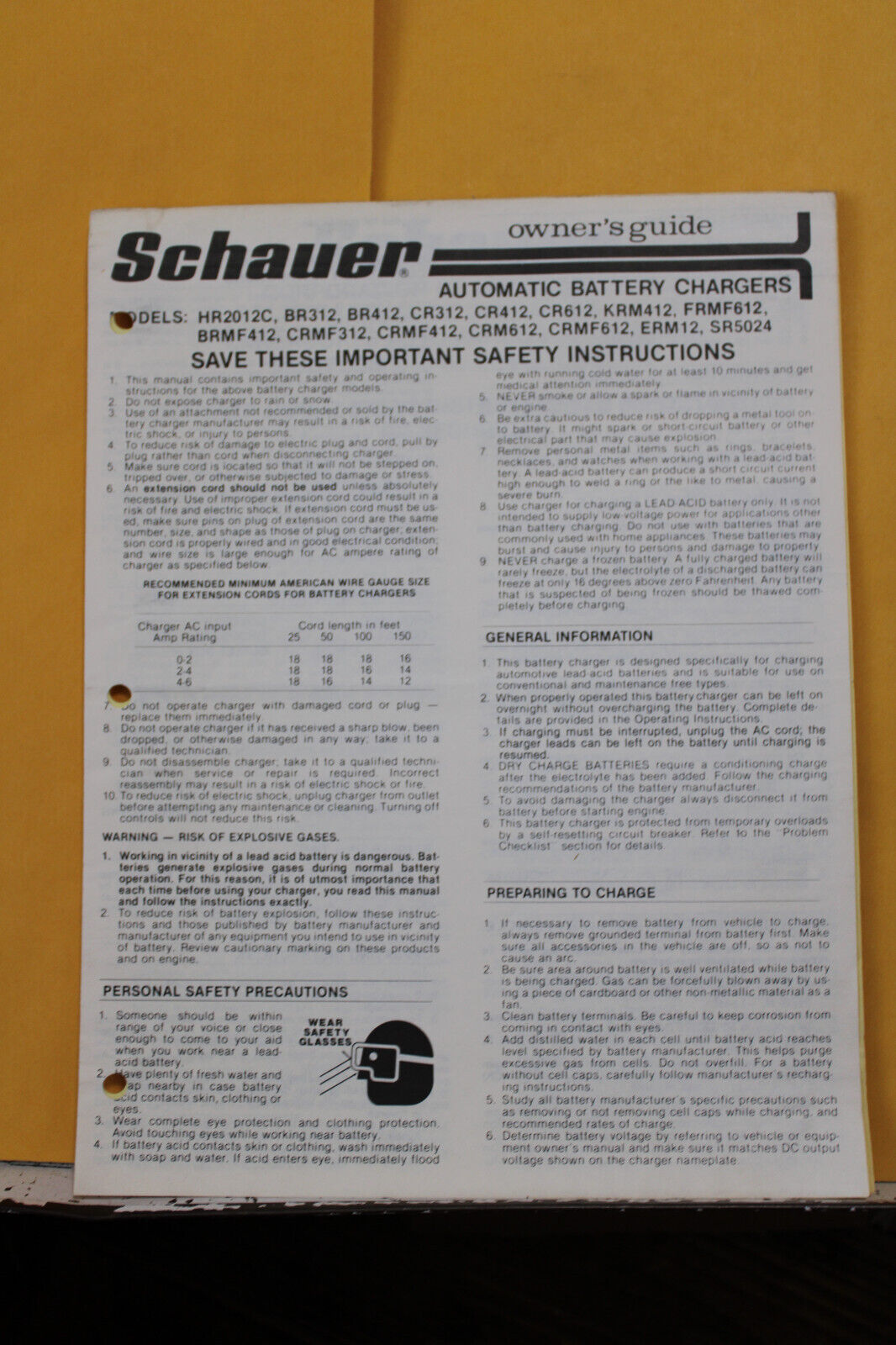 1982 Schauer Automatic Battery Charges Manual Hr2012c Br312 Br412 Cr612 Krm412
