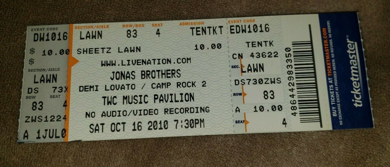 Jonas Brothers Ticket Stub 10/16/2010 Raleigh Nc Free Us Shipping
