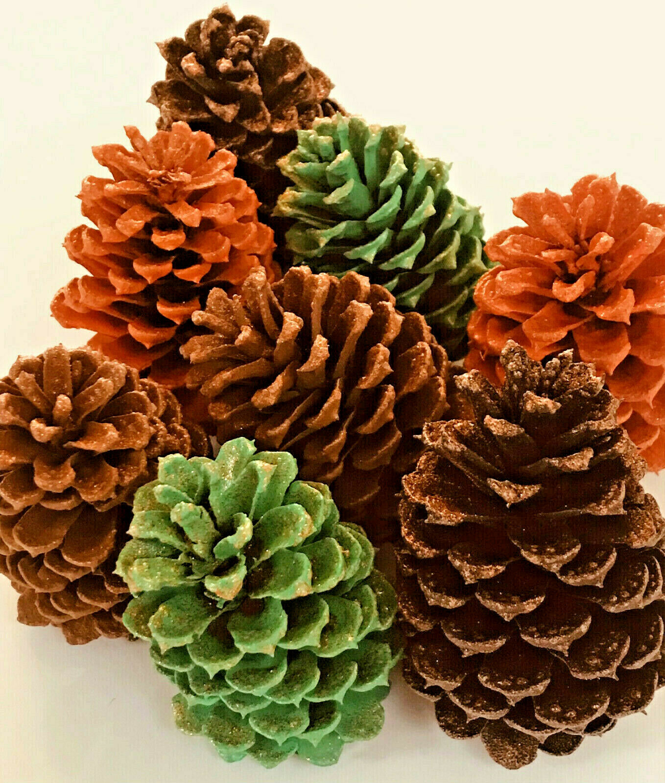 8 Painted Pine Cones ~ Medium ~ Fall Color ~ Gliitter Green, Brown, Orange, Tan